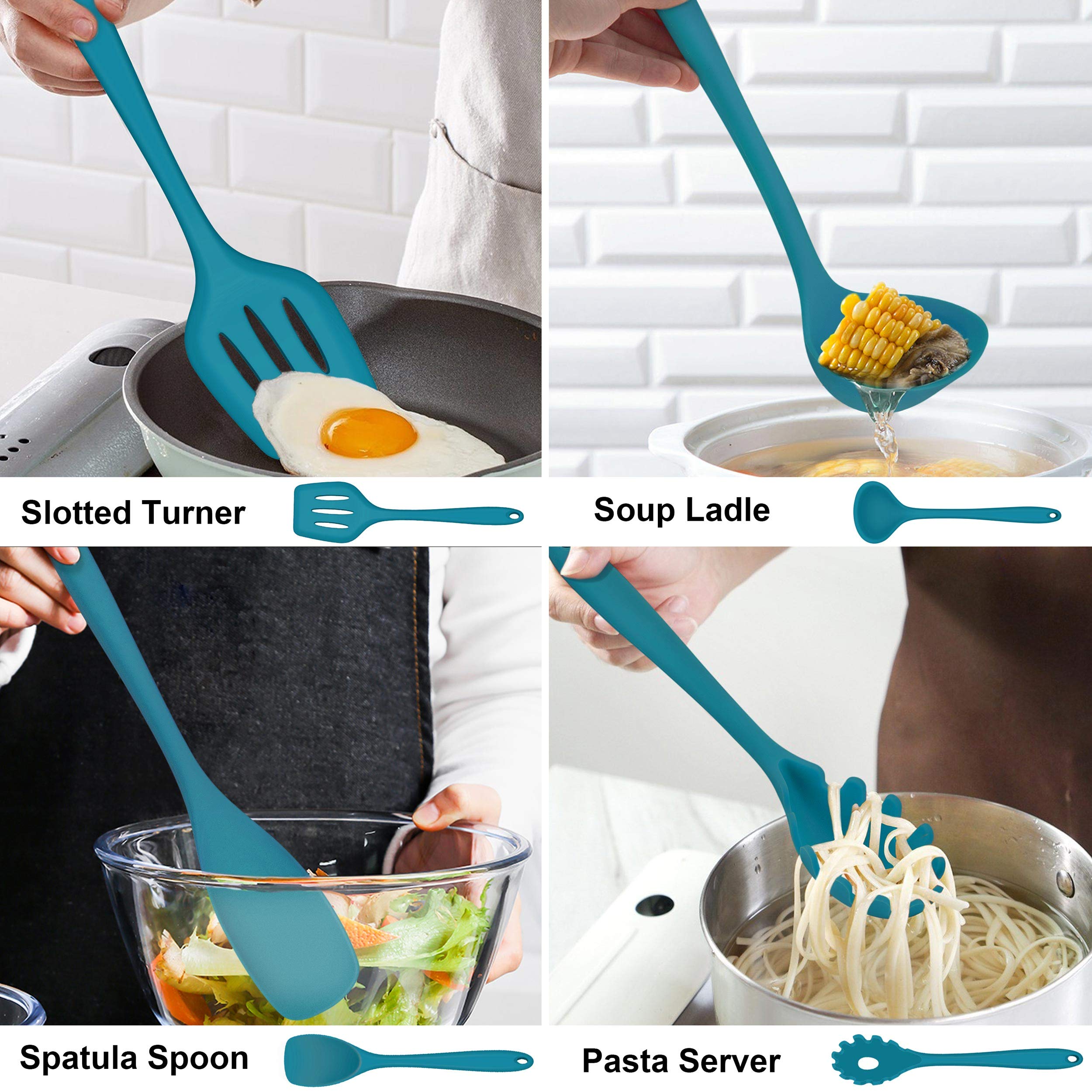 LIANYU 14 Pcs Cooking Utensils Set with Holder  Heat Resistant Silicone Kitchen Cookware Utensils Set  Kitchen Cooking Tools Includes Spatula Spoon Turner Whisk Tong  Dishwasher safe  Dark Blue